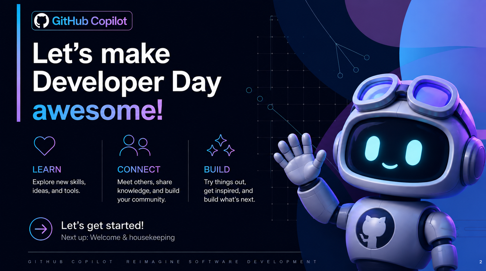 GitHub Copilot mascot waving, with the message 'Let's make Developer Day awesome! Learn, Connect, Build.'