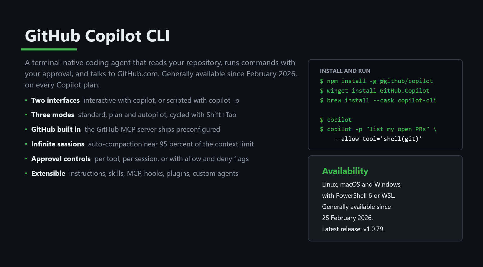 Slide: GitHub Copilot CLI install and run instructions