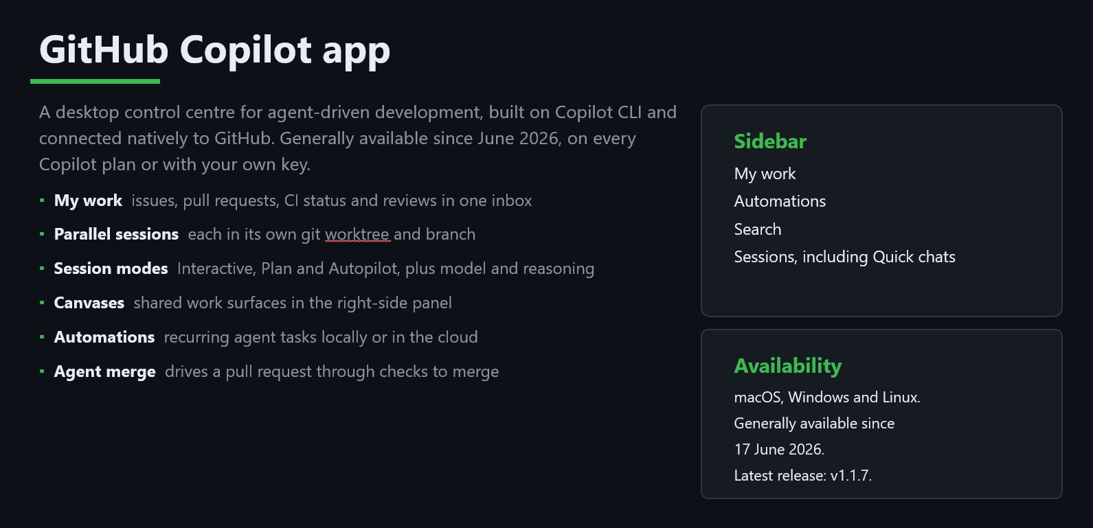 Slide: GitHub Copilot app sidebar and availability