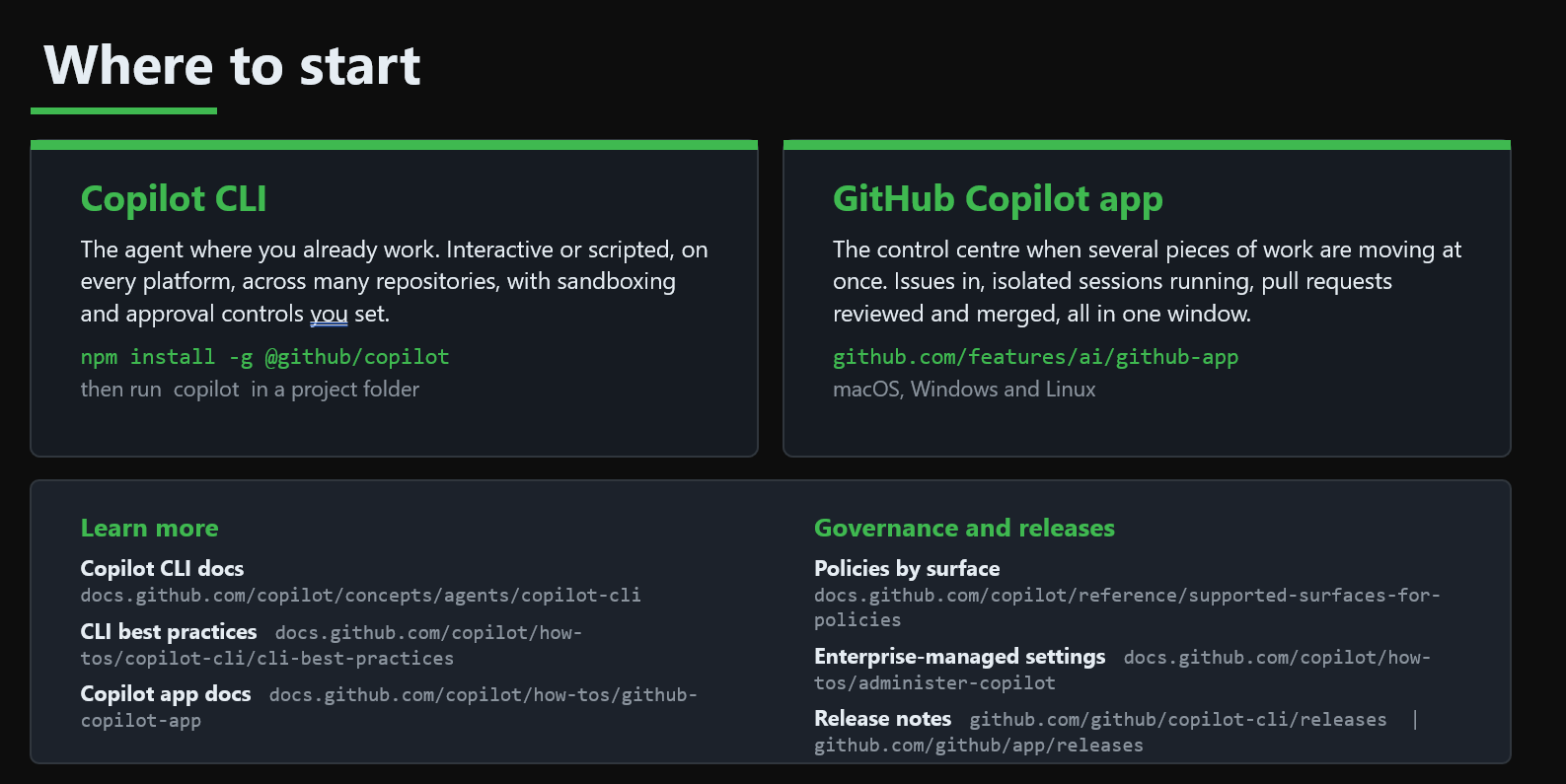Slide: where to start with Copilot CLI and the GitHub Copilot app, plus documentation links