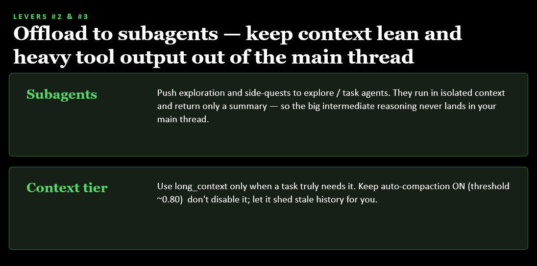 Slide: Offload to subagents - keep context lean and heavy tool output out of the main thread. Subagents and context tier