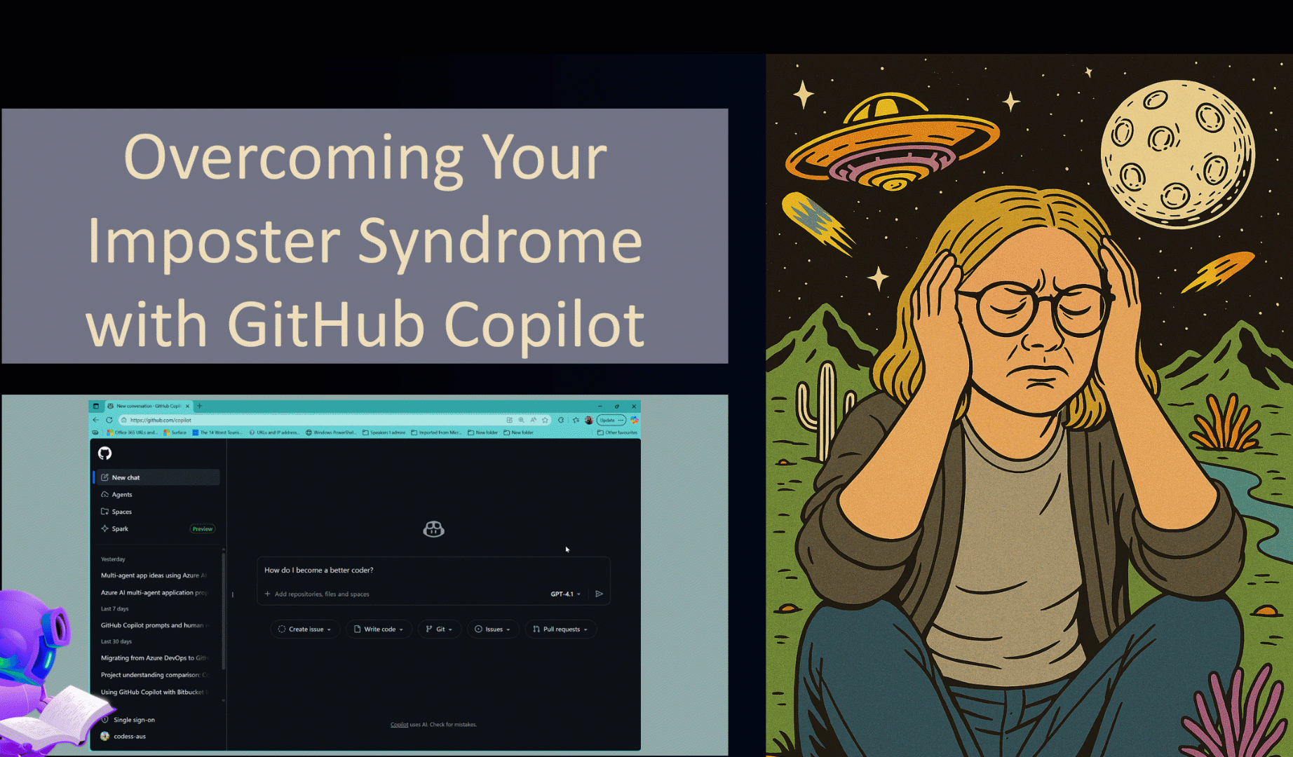Animated montage: Overcoming Your Imposter Syndrome with GitHub Copilot and a person holding their head in thought