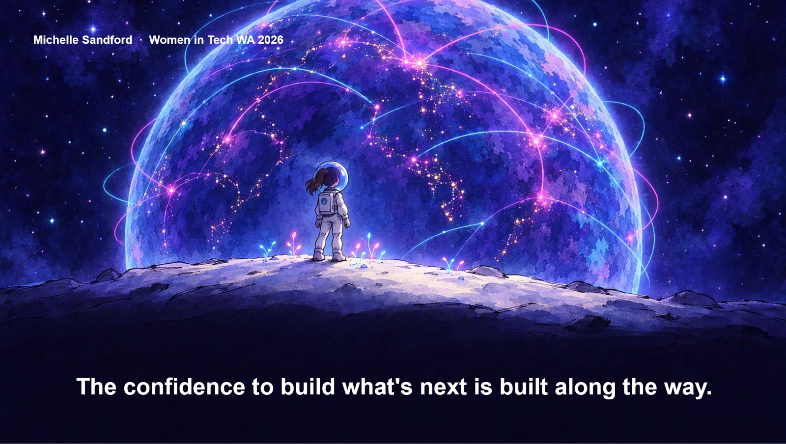 A small astronaut standing on a hill beneath a dome of glowing connections