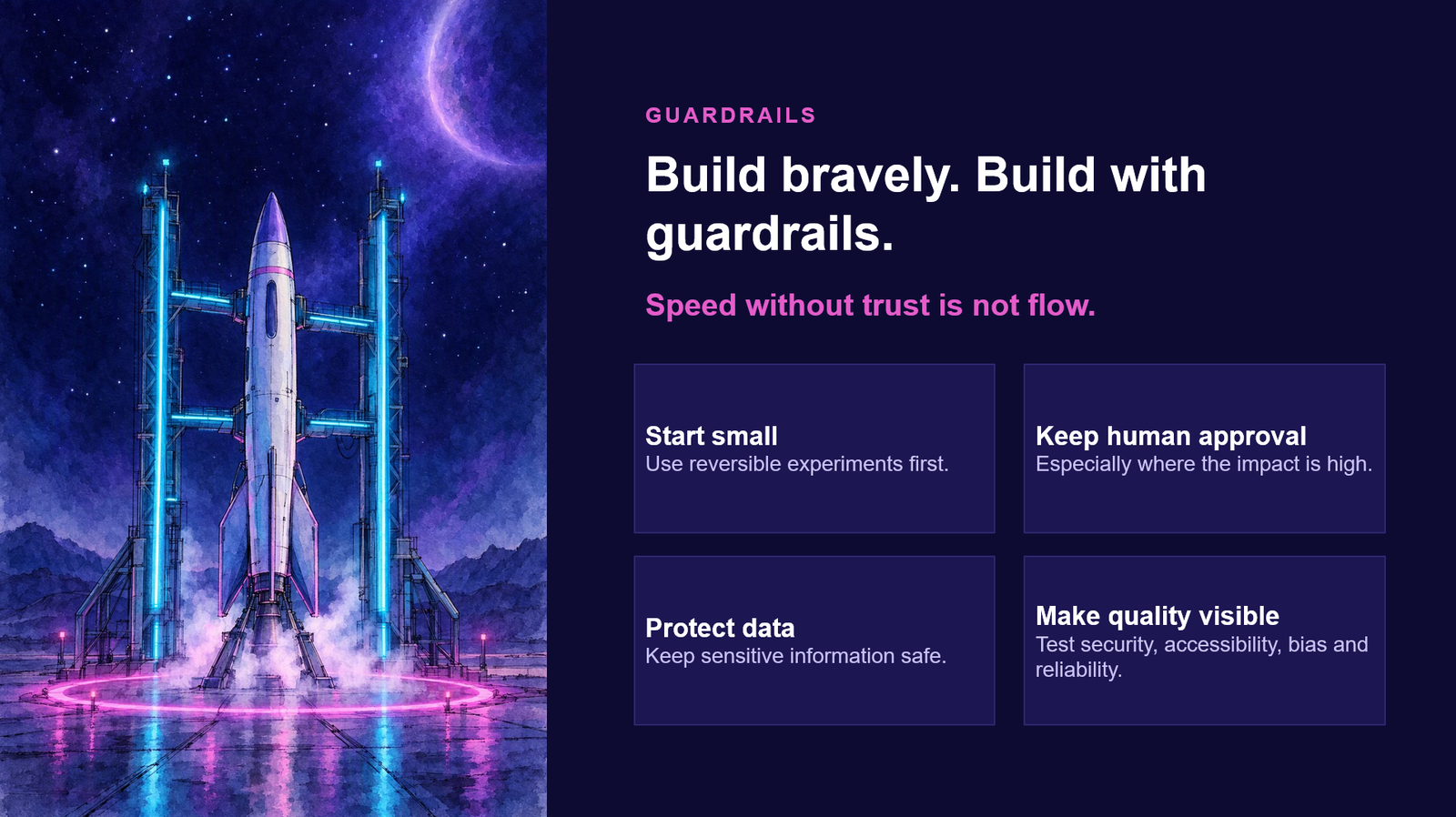 A rocket on a launch pad held by glowing guardrails