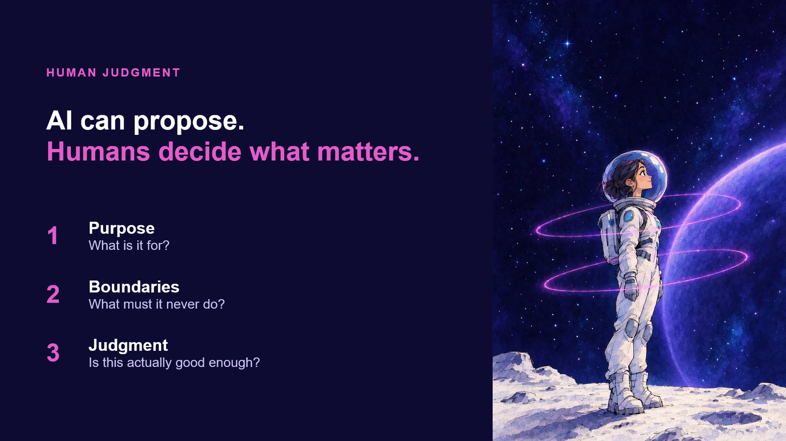 An astronaut on the moon beside the words purpose, boundaries and judgment