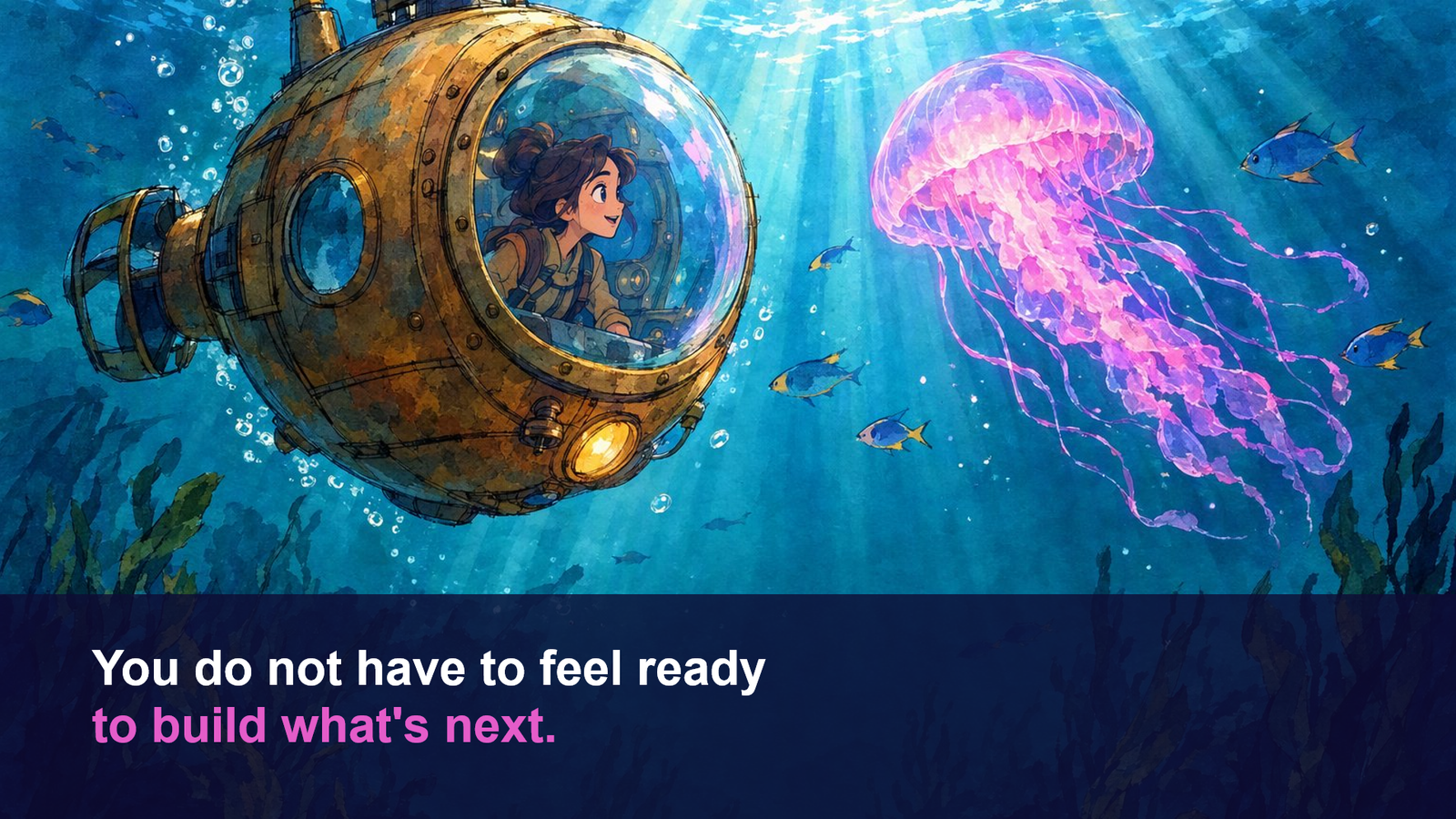 A brass submarine with a young explorer inside, glowing jellyfish nearby