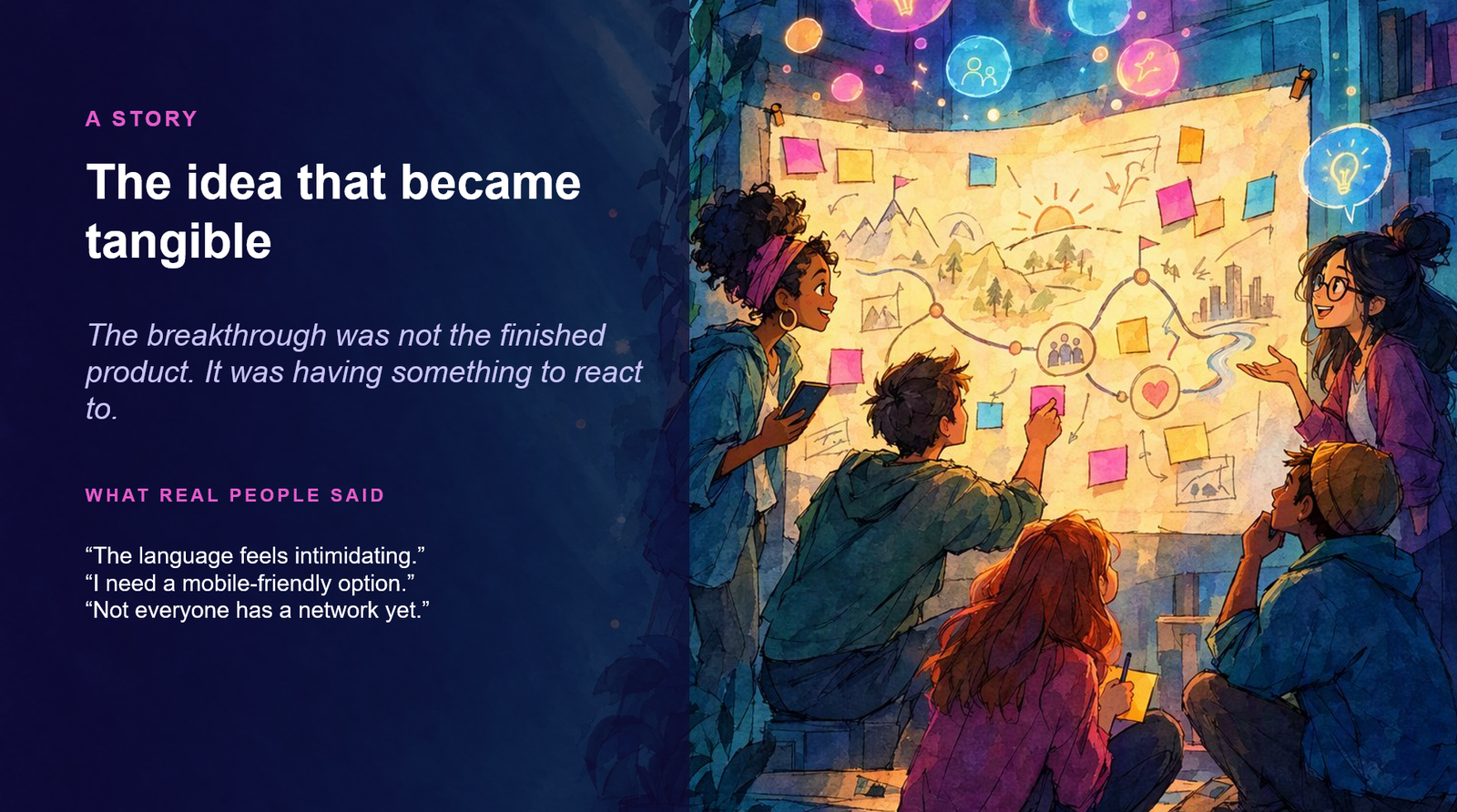 A group of people gathered around a glowing journey map covered in sticky notes