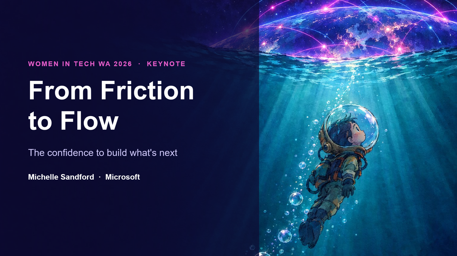 From Friction to Flow. A small astronaut in a bubble helmet drifts upward through glowing blue water toward a sky of connected lights.